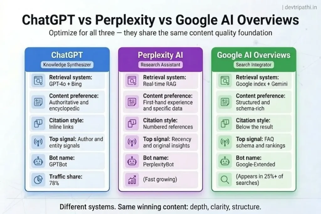 Comparison of ChatGPT, Perplexity, and Google AI Overviews for Generative Engine Optimization (GEO) 2026