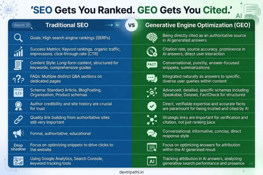 GEO vs SEO difference in 2026 infographic showing AI search vs traditional SEO