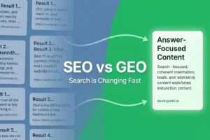 GEO vs SEO difference in 2026 showing AI search vs traditional search, rankings vs citations, traffic vs AI answers infographic