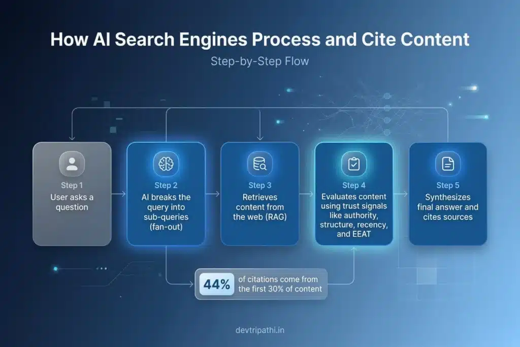 Flowchart showing how AI search engines like ChatGPT and Perplexity process a user query: query fan-out, web retrieval, content evaluation for trust signals, synthesis, and citation - 2026 GEO guide by Dev Tripathi at devtripathi.in