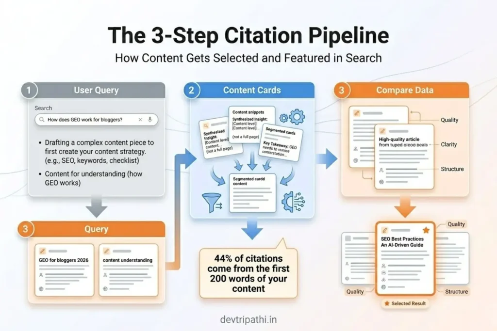 AI citation pipeline diagram showing query expansion, RAG retrieval, and scoring in Generative Engine Optimization (GEO) 2026