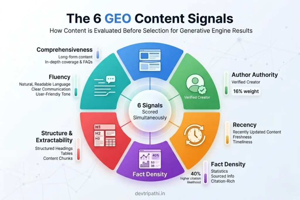 Radar chart of six AI citation factors in Generative Engine Optimization (GEO) 2026