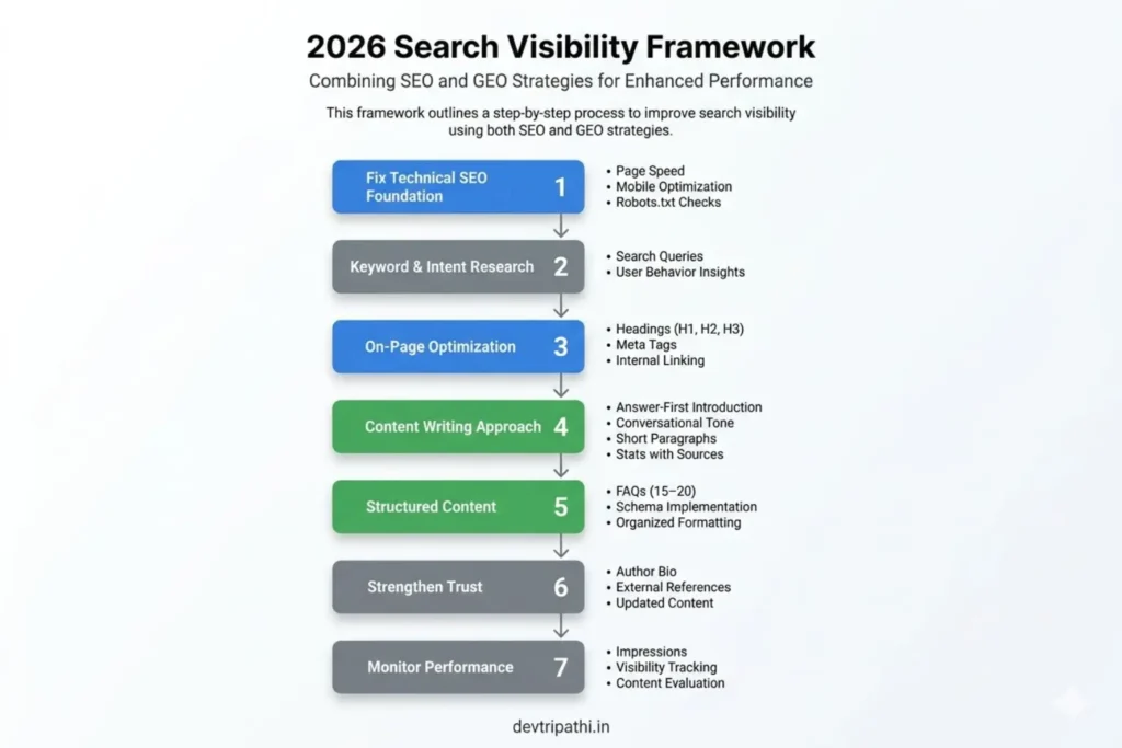 7-step GEO and SEO strategy flowchart for 2026 optimization