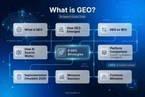 Generative Engine Optimization (GEO) explained showing how content gets cited in AI search engines like ChatGPT, Google AI Overviews and Perplexity