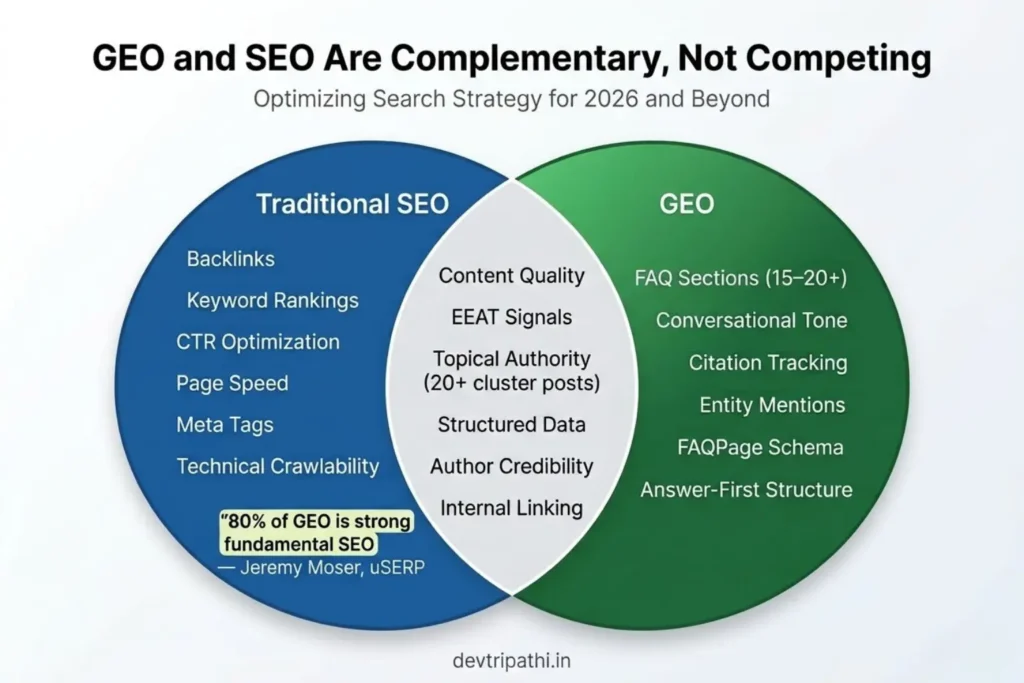 GEO vs SEO Venn diagram showing overlap in content quality, EEAT, and key differences