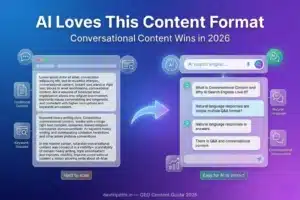 Person asking a question naturally on a laptop, representing conversational content SEO for AI search engines