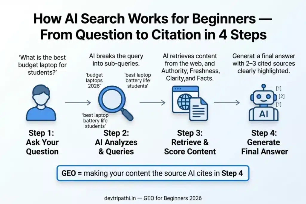 4-step diagram showing how AI search works with query fan-out RAG retrieval and cited answers in GEO 2026