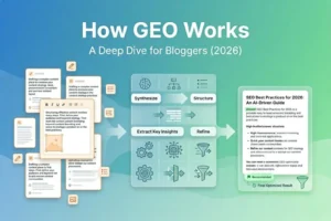 How Generative Engine Optimization (GEO) works in 2026 showing AI query fan-out, RAG retrieval, and citation scoring process