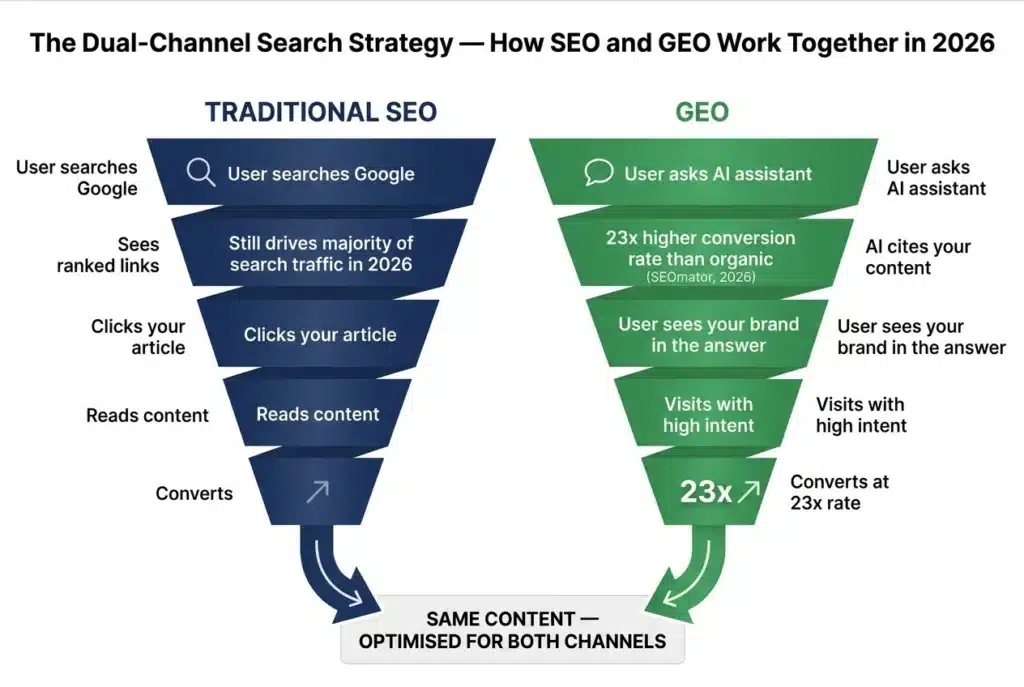 Infographic showing dual channel search strategy with traditional SEO funnel and GEO funnel explaining how both drive traffic and conversions in 2026