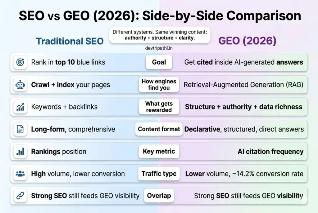 SEO vs Generative Engine Optimization comparison table showing rankings vs AI citations in 2026