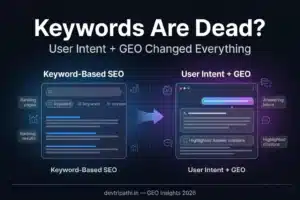 Infographic showing the difference between user intent and keywords based SEO strategies and how intent-first content improves rankings and AI citations in generative engine optimization GEO in 2026