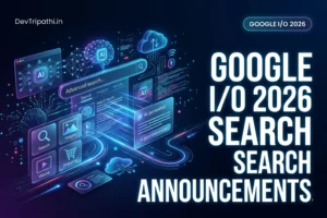 Google I/O 2026 search updates featuring AI agents, Gemini 3.5 Flash, Personal Intelligence, agentic coding, generative UI, and the future of AI-powered search.