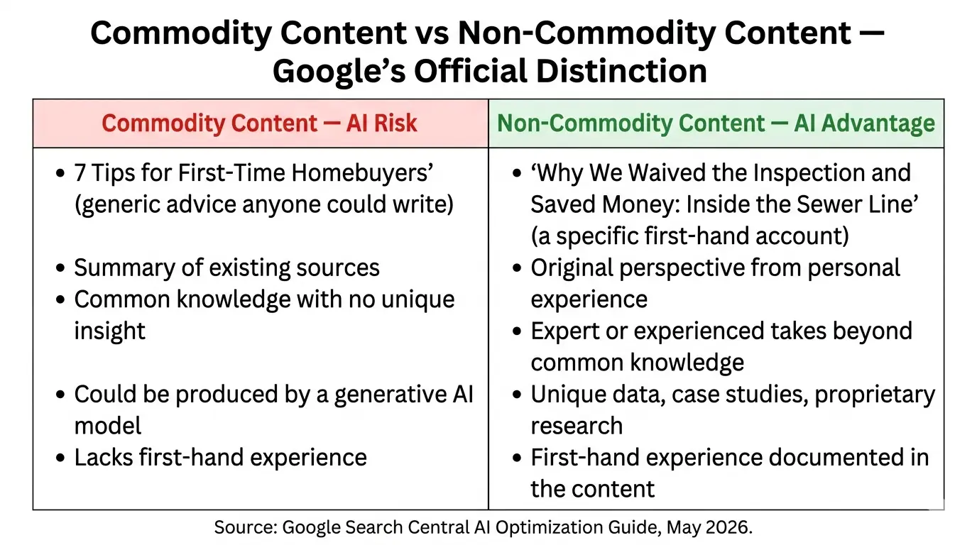 Two-column comparison card distinguishing commodity content (generic advice, summaries of existing sources, common knowledge without unique insight) from non-commodity content (specific first-hand accounts, original expert perspective, unique data and case studies) based on Google's official AI Optimization Guide definitions.