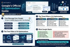 Google Official AI Optimization Guide infographic showing AI search optimization principles, content quality requirements, technical SEO foundations, E-E-A-T signals, RAG retrieval systems, AI Overviews, and implementation strategies for SEO professionals.