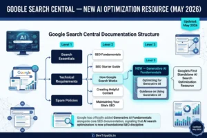 Google Search Central's new AI Optimization Resource introduced in May 2026, featuring Generative AI Fundamentals guidance for AI search optimization, content visibility, and generative search best practices.